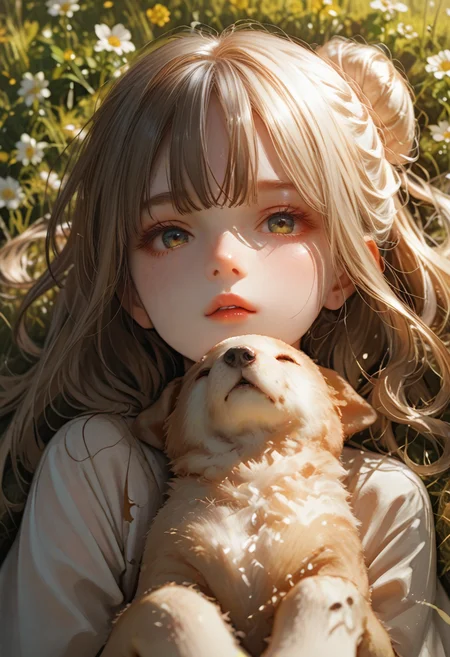 score_9, score_8_up, score_7_up, lvthn, a girl, single_bun, parted_lips, mole on face, sunlight, lie down on field with dog, top view, <lora:p-skin:1> <lora:sdxl_lightning_8step_lora:1> <lora:LVTHN:1,0,0,0,0,0,0,1,0,0,0,0>