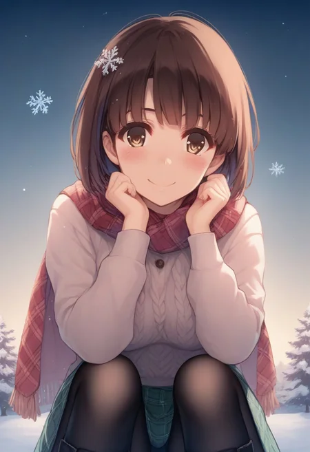 score_9, score_8_up, score_8, score_7_up, score_7, source_anime,
1girl, katou megumi, Megumi <lora:KatoMegumi:1>,brown hair,katou megumi,brown eyes, short hair , medium breasts, masterpiece, best quality, winter theme, snowy background, cozy knitted sweater (cream), plaid scarf (red and green), long wool skirt (navy), black tights, snow boots, light blush on cheeks, snowflakes in hair, snow-covered pine trees in the background, soft and diffused lighting, slight smile, warm and cozy atmosphere, over-the-shoulder perspective, muted pastel color palette, cinematic framing, fine details, looking at viewer