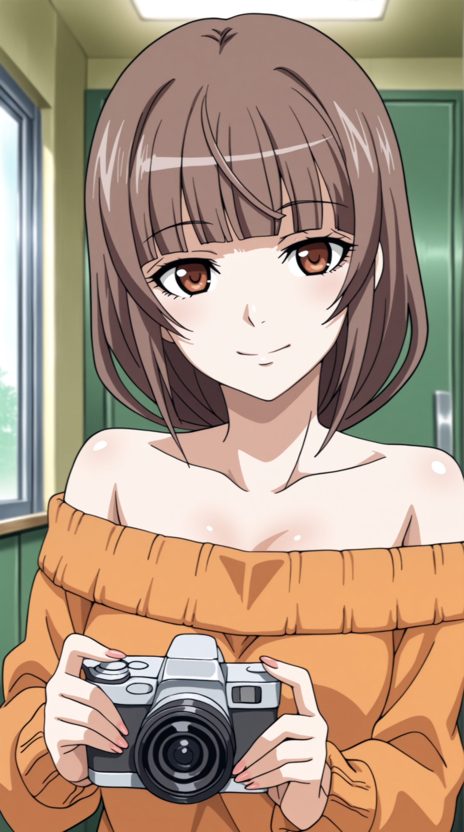 masterpiece, best quality, amazing quality, very aesthetic,  absurdres, best quality, 4k, upscale, indoors,   emiru, 1girl, solo, brown hair, brown eyes, sweater, bare shoulders, camera, off shoulder, short hair, smile, orange shirt, looking at viewer  <lora:Emiru_Ikuno_IL:0.8>