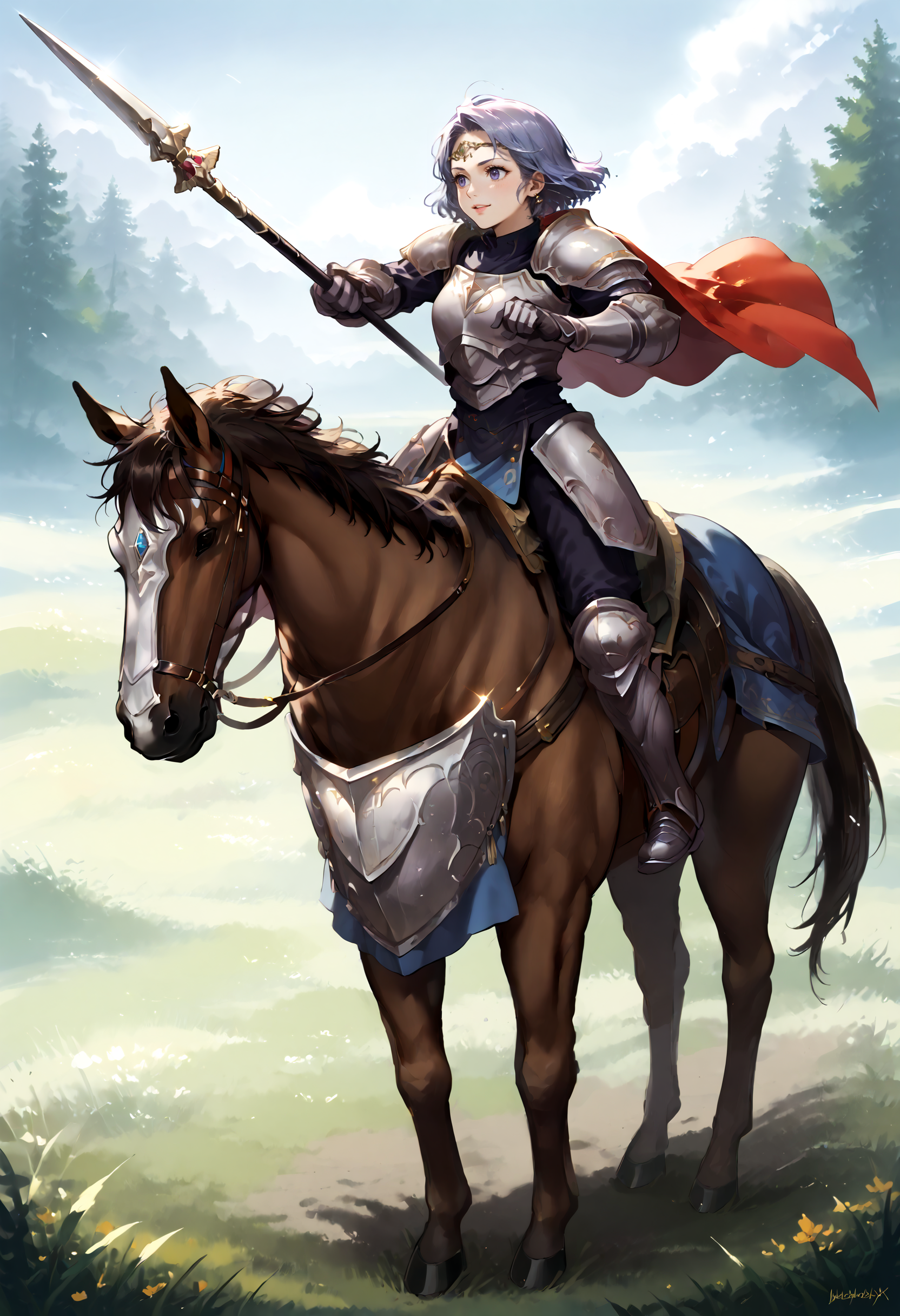 score_9,score_8_up,score_7_up,best quality,masterpiece,super detailed,extreme detailed,full_body,zPDXL BREAK (nature:1.1),(field:1.1),
<lora:Pony_DetailV2.0:1> BREAK 1girl,Cavalier,armor,cape,gloves,horse,horseback riding,holding spear,<lora:Cavalier-v2-pony:0.9>,