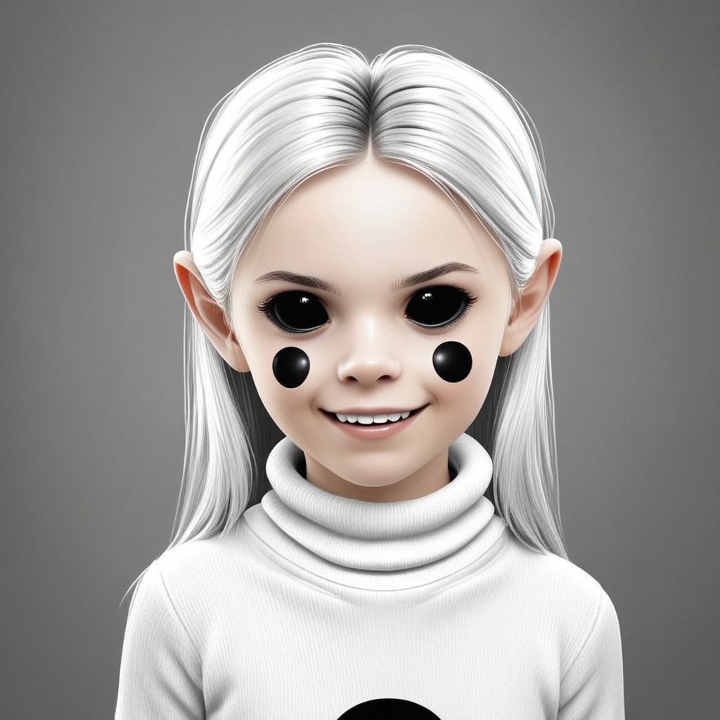 voo is an (adult female and looks about 30 years old) with a (black circle on each cheek) and (black marbles for eyes).She has large and tall. 
voo has (Long white_hair) with a metallic shine.
Voo has a (white_roll_neck_sweater).
Smile