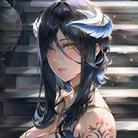 a [goth |barbarous |mysterious] [mature |young] gothic female with [curvy |thick |tone |curvy |thick |muscle] figure wearing [goth clothes | western clothes |intricate clothes |corset |loose sleeves] mix [dress |frill dress |indicate dress |belt |frill |cotton dress |short dress] and [lustful eye |creepy eyes |beautiful eye] red iris mix [lush lips | perky lips] and with white and black hair mix with light blue streaked hair, long hair [ hair over eye |braid | wavy hair] mix [messy hair |curly hair |messy hair] and [pointy ear |elf ears |long ears] and [star print |flower print] on clothes and wearing [make up |scaly | jewelry] , intricate tattoos, ((asymmetrical pose)), make up, blush, chromatic aberration, illustration, [[chaos5600:.45] |((hades-8500:1.5)) |(hades-8500:0.5)], Albedo104_2200, black wings, dark style, 

1000% red 20% orange 5% blond 15% black hard shadow, hard line, ((photorealism:1.5)),