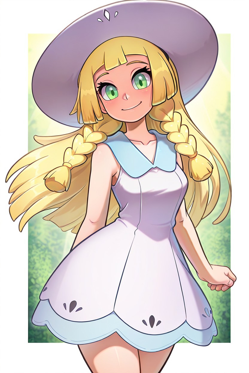 masterpiece, best quality, BREAK, zzLillie, long hair, braid, sun hat, white headwear, collarbone, sleeveless dress, white dress, <lora:LilliePokemonIXL:1.0>, smile, looking at viewer, cowboy shot,    <lora:theOtherHalfIXL_v2:1.0>,