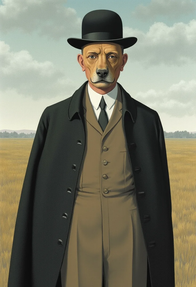 yfg-magritte 1boy, 1girl, score_9, score_8_up, source_realistic, source_photograph, content_realistic. Kyubey, Dog Face, portrait, cowboy shot, mcnm, dog, reelmech, mechanical parts, (cable, wires:0.4), machinery, joints, cinematic, cinematic color grading.