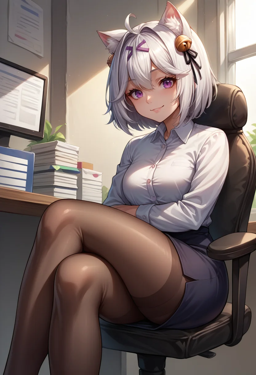 score_9, score_8_up, source_anime, 1girl, solo, Filian, tail, short hair, hairclip, hair bell, indoors, office lady, office chair, sitting, crossed legs, miniskirt, black pantyhose, dress shirt, smile, <lora:ChamFilianPonyXL:1>