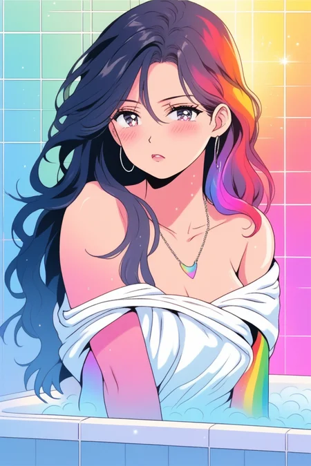 illustrator, bare shoulder,sexy, cleavage, 1 girl,portrait, long hair,simple background, lips, spark ,niji style, towel,  necklace, realistic,in the bathroom, steamy, steam , sad,Rainbow gradient background, (masterpiece,best quality)