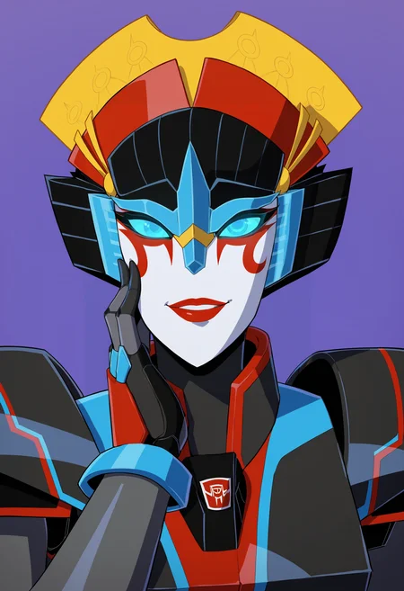 score_9, score_8_up, score_8, source_anime, 1girl, <lora:Windblade:0.8> solo, autobot, robot, mecha, red lips, blue eyes, glowing eyes, smile, hand on cheek,
purple background, simple background,