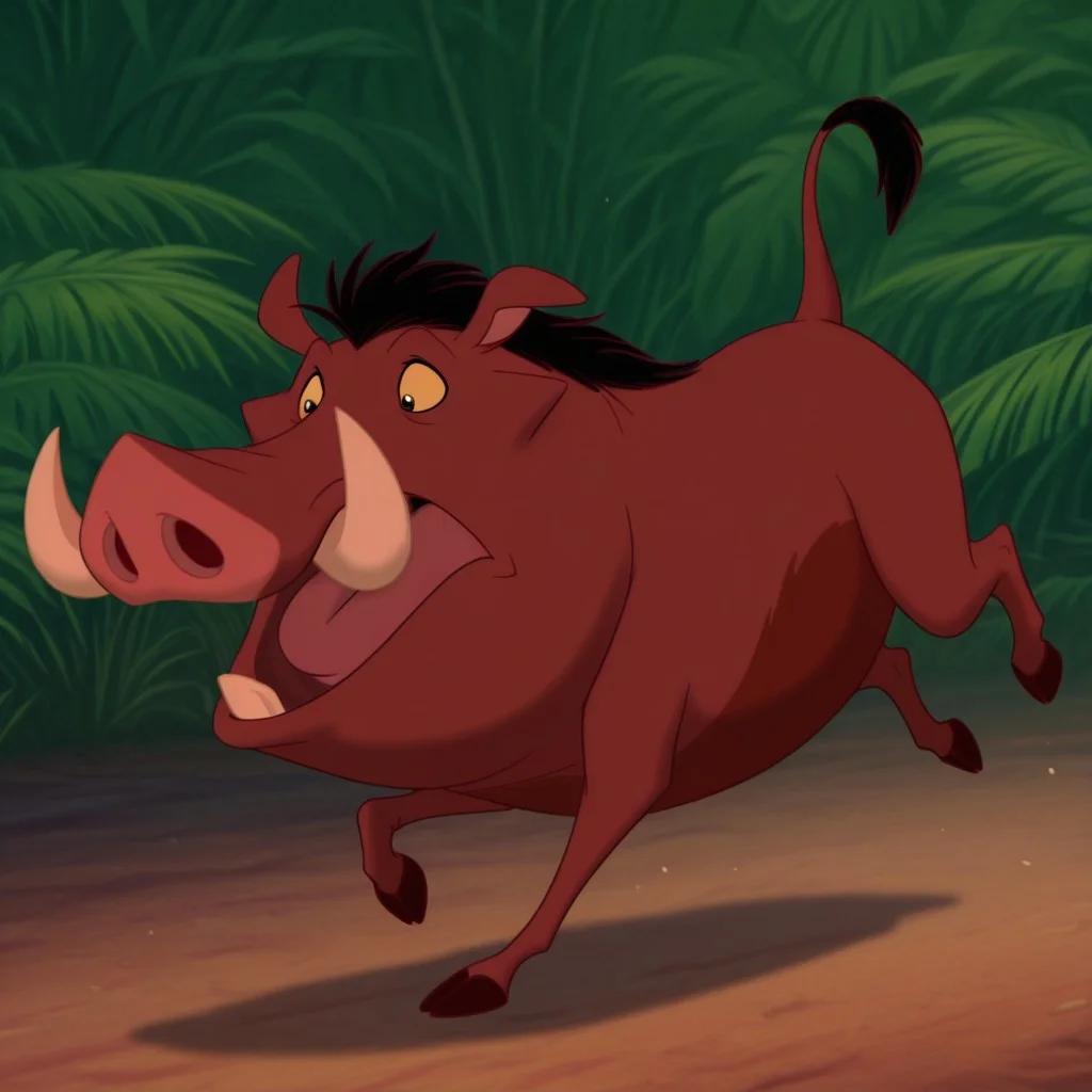 masterpiece, best quality, amazing quality, Pumbaalkil, feral, male, warthog, brownish-red fur, tusks, yellow sclera, black eyes, black hair, black tail tuft, hooves, running, in the jungle