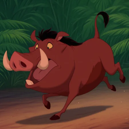 masterpiece, best quality, amazing quality, Pumbaalkil, feral, male, warthog, brownish-red fur, tusks, yellow sclera, black eyes, black hair, black tail tuft, hooves, running, in the jungle