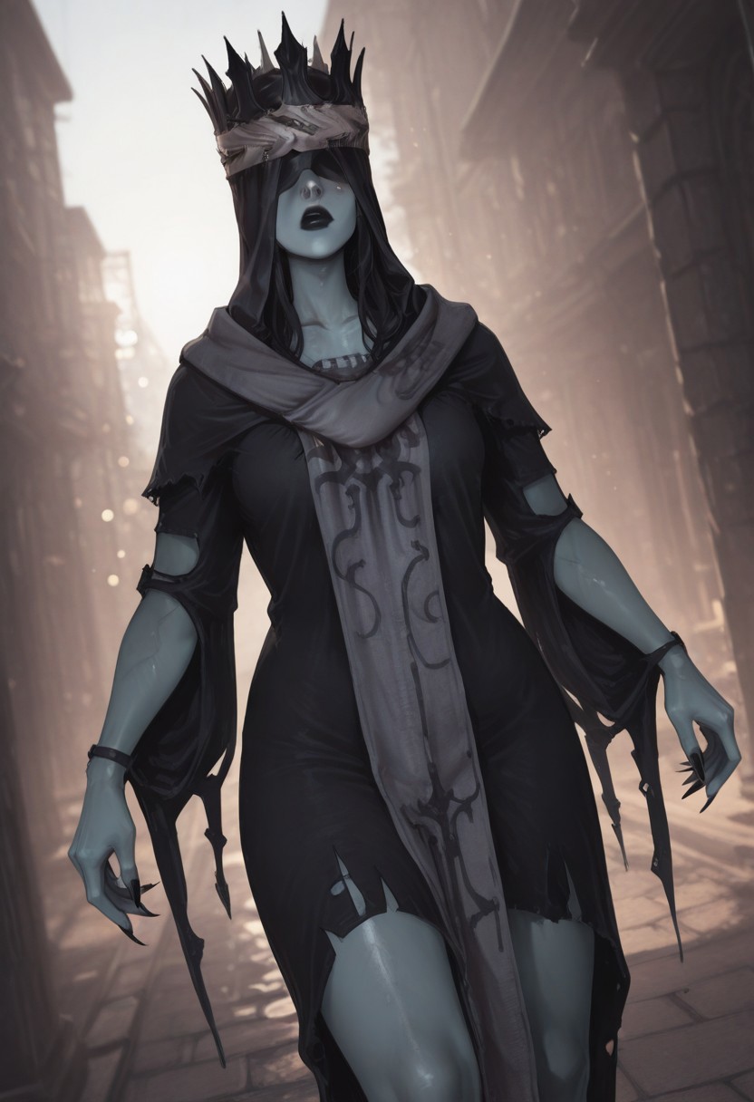 masterpiece, best quality, good quality, newest, highres, absurdres, Good quality, very aesthetic, absurdres, newest,1girl, light rays, looking at viewer, solo,Cinematic lighting,  BREAK masterpiece, amazing quality, best quality, ultra-detailed, 8K, illustration, CG, ultra-detailed-eyes, detailed background, eyelashes, erotic, looking seductive,  dynamic action image, detailed face, detailed eyes, seductive, mature female,, looking at viewer,
 BREAK (sexy, slutty, hot, aroused)  BREAK , outdoors, afternoon, 1girl, solo bokeh, Le8d1a, colored skin, grey skin, covered eyes, black lips, sharp fingernails, crown, hooded robe, hood up, black hood, black robe, torn clothes, grey long scarf
BREAK  (dramatic angle, dynamic angle:2), artist:moriimee, fellatrix style , baddie, nakamura-regura, cannedmos, 69yottea_style_illu,