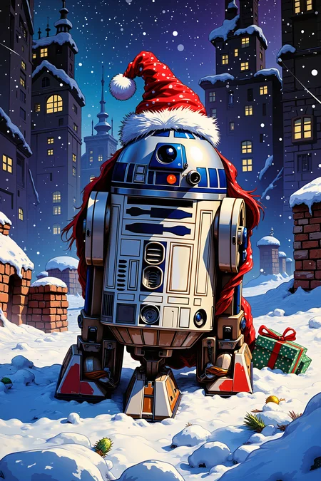 a star wars christmas with r2d2. Detailed shadows.intricate details, vivid colors, hyper-detailed, ultra-sharp<lora:RetroAnimeFluxV1:0.3><lora:Flux DetailerV2><lora:Greg_Capullo_style:0.2><lora:Vintage comic book:0.3>