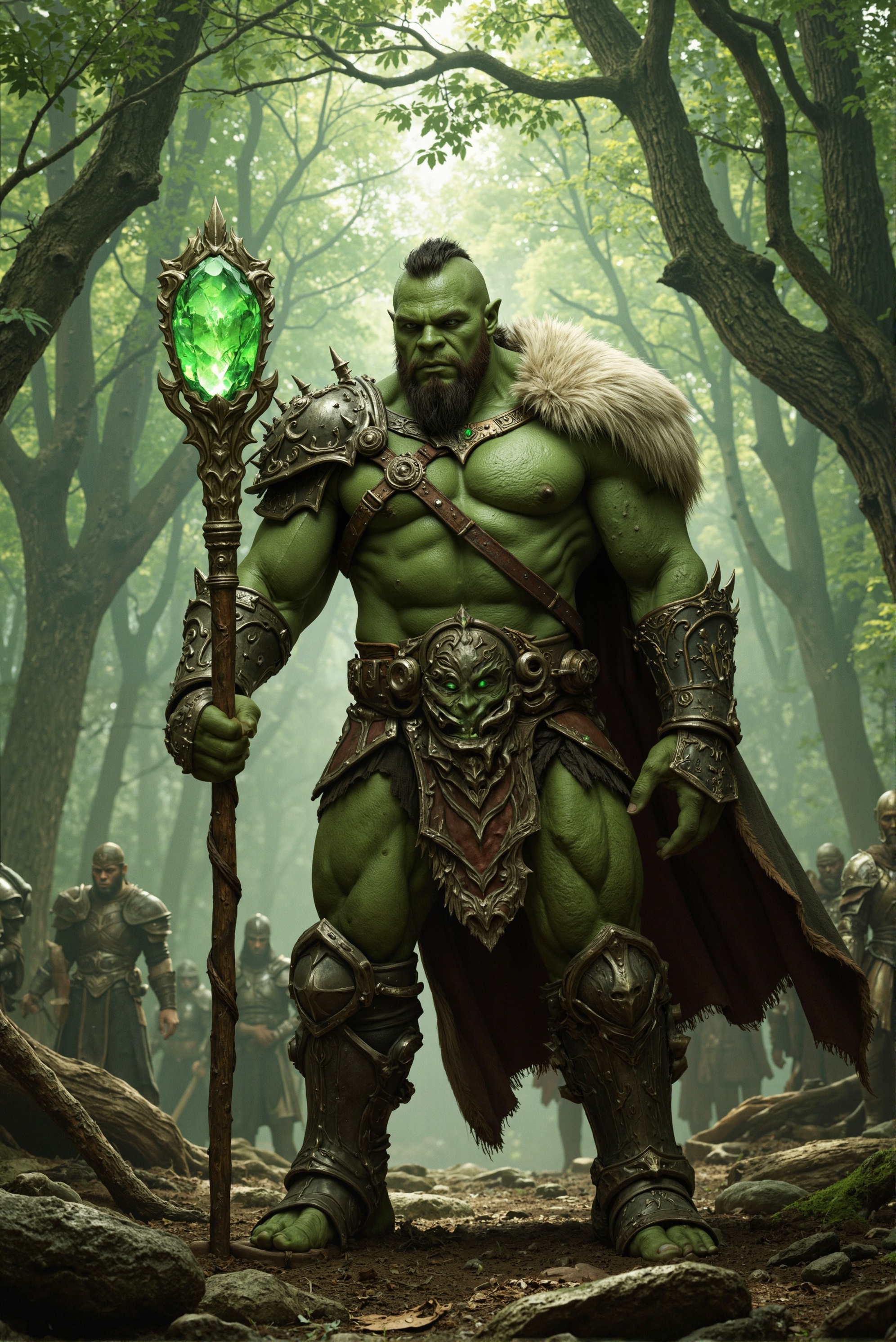 cinematic film still A powerful and imposing orc chieftain stands at the forefront of a dense, mystical forest, exuding an aura of strength and wisdom. The orc's skin is a vibrant shade of green, with pronounced muscular features that reflect his warrior nature. He wears intricate armor adorned with sharp spikes and glowing green gemstones, signifying his status and power. Draped over his shoulders is a fur-lined cloak that blends seamlessly with the forest surroundings. In his hand, he holds a staff topped with a glowing, green crystal, which emits a soft, eerie light. The staff is intricately carved with ancient symbols, adding to its mystical appearance. Behind him, a group of armored warriors, dressed in earth-toned robes and metal armor, stand ready, showing loyalty and readiness for battle. The forest is bathed in a soft, greenish light filtering through the dense canopy, with tall trees enveloping the scene, creating an atmosphere of mystery and ancient power . shallow depth of field, vignette, highly detailed, high budget, bokeh, cinemascope, moody, epic, gorgeous, film grain, grainy