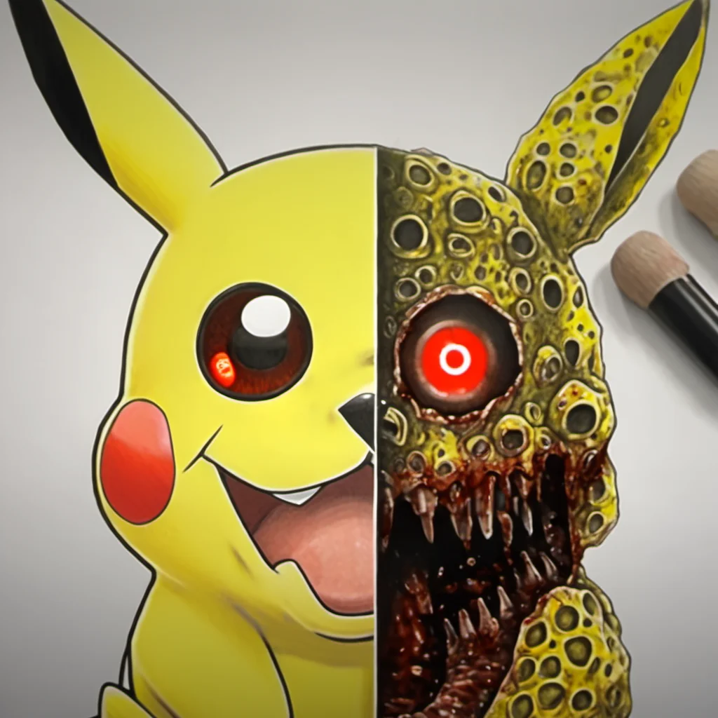 A drawing of Pikachu, in the style of JordanPersegati, split style drawing, trypophobia, glowing eye, smiling, covered in blood, lumpy, horror, white background <lora:Jordan_Persegati_Style-000012:1>