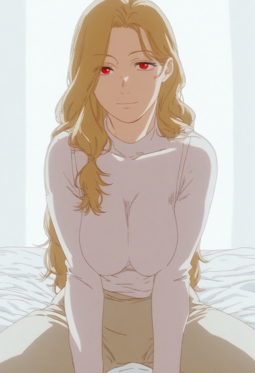 flatshinyskin, score_9, score_8_up, score_7_up , trisha elric, MILF, Plumb, Middle aged women, wrinkle line under eye
(prBl, 1girl, solo, long hair, blonde whitish  hair, red eyes)) , MANGASTYLE,Sitting, on knees, seductive pose, breasts, solo, 1girl, looking at viewer, front focus, , front view, kneeling, spread legs, saggy off centered teardrop breasts, body suit, yellow body suit, skin tight body suit, facing viewer, kneeling down, black bra, bra straps