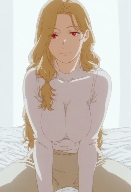 flatshinyskin, score_9, score_8_up, score_7_up , trisha elric, MILF, Plumb, Middle aged women, wrinkle line under eye
(prBl, 1girl, solo, long hair, blonde whitish hair, red eyes)) , MANGASTYLE,Sitting, on knees, seductive pose, breasts, solo, 1girl, looking at viewer, front focus, , front view, kneeling, spread legs, saggy off centered teardrop breasts, body suit, yellow body suit, skin tight body suit, facing viewer, kneeling down, black bra, bra straps