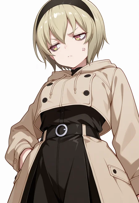 Smooth Quality,masterpiece,very intricate, high quality details, ultra realistic, high detailed skin,detailed enviorement,absurdres,
akanbe,
<lora:Pekora_CNR:0.8> pekora_cnr, 1girl, blonde hair, short hair, bangs, yellow eyes, multicolored eyes, shiny hair black hairband,bags under eyes,, annoyed,, simple background, white background, from below,solo,, cropped hoodie, ,trench coat, ,godet skirt, ,