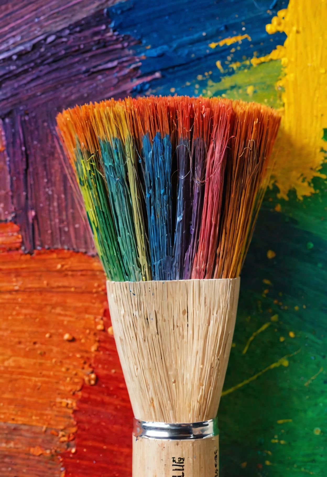 A close-up of a well-used paintbrush, its bristles splayed and stained with vibrant colors