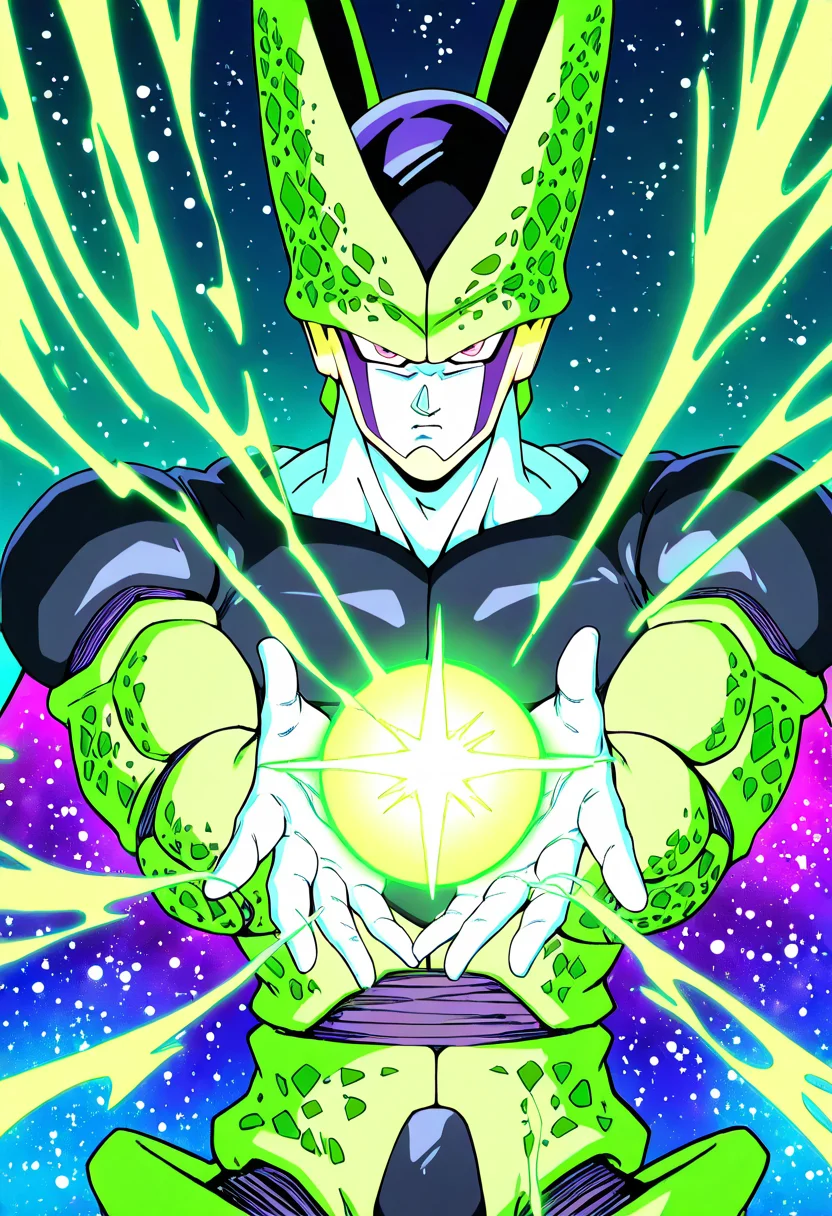 masterpiece, best quality, 1boy, solo, looking at viewer, zzCell, pink eyes, colored skin, green skin, <lora:CellPerfectDB_IXL:1.0>, outer space, floating in zero gravity, glowing galaxy in the background, radiant psychic energy, cosmic glow, majestic pose, intense expression, colorful nebula, stars sparkling, ethereal atmosphere, (upper body),