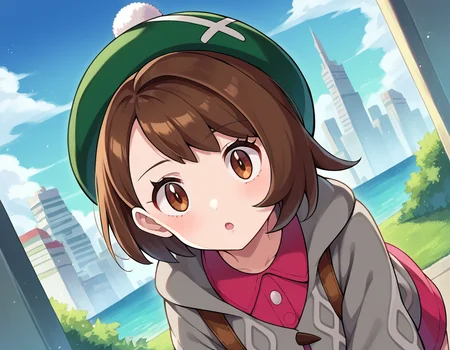 score_9, score_8_up, score_7_up, source_anime,
pokemongloria, <lora:pokemon-gloria-ponyxl-lora-nochekaiser:1>
pokemongloria, brown eyes, brown hair, medium hair,
cardigan, dress, green headwear, grey cardigan, hood, hood down, hooded cardigan, long sleeves, pink dress, short dress,
outdoors, cityscape, bent over,
looking at viewer, cowboy shot, dutch angle,