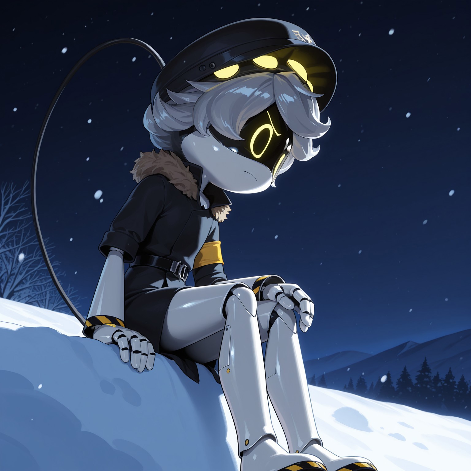 1boy, solo, MdronesN, Male, Robot, android, humanoid robot, white body, glowing yellow eyes, black visor, short hair, silver hair, robot joints, mechanical tail, cable, Yellow armband, short sleeves, black winter coat, bottomless, black belt, fur trim, pilot hat, black headband

BREAK sitting on ledge, upset, looking downwards, three-quarter view, snow, snowflakes, night, dark, low angle view

BREAK best quality, amazing quality, very aesthetic, absurdres, newest