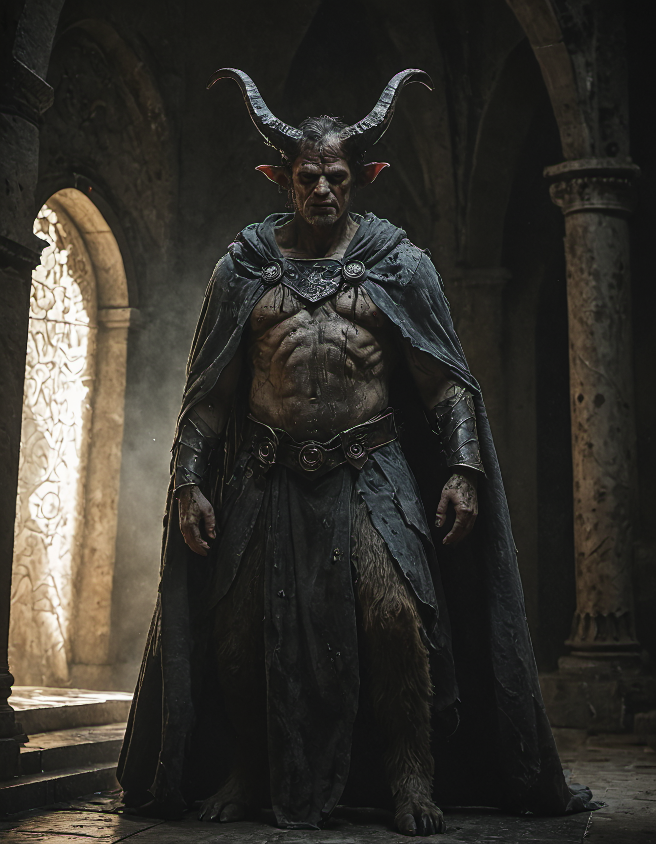 score_9, score_8_up, score_7_up, full body shot, adult satyr with gnarled horns, wearing grey plate armor with a cloak of stars, is a paladin that holds a holy book, background is the interior of a greek temple, intricate, very detailed, dramatic lighting, amazing composition, focus, highly detailed, still, high quality face, gloomy, mystery, grim, dark atmosphere, the scene is captured in dimly lit dark fantasy but vibrant colors, with bold ink lines defining form against the watercolor wash of the aged paper <lora:- SDXL - vanta-black_contrast_V3.0:1>