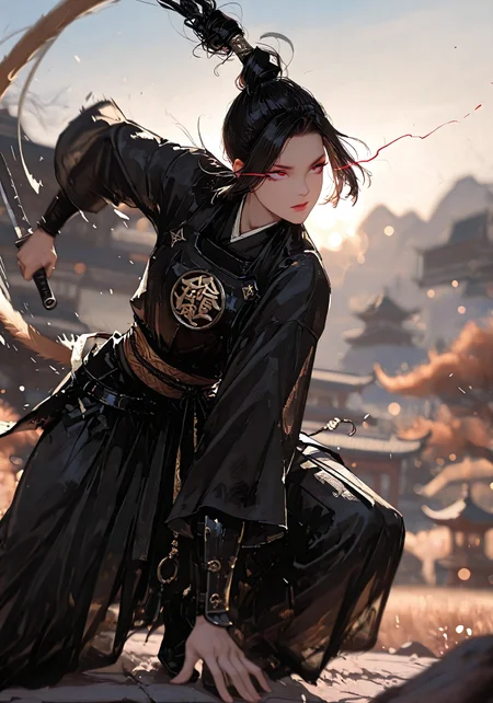 masterpiece, best quality, good quality, very aesthetic, absurdres, newest, 8K, depth of field, focused subject, visual storytelling, dynamic composition,
stylized, scenery, bokeh, blurred background,
Black Myth Wukong, Wukong hairstyle,
chinese mythology, (dynamic pose:1.3), eye-trails, fighting-stance, eye trail, zone-eyes, high speed motion, intense action shot, curved black knife, (carvings on the knife)
upper body focus,
storm aura, divine energy, long flowing sash, ancient armor, windblown hair, dramatic sky, celestial clouds, mythic scale, sakura petals, cinematic composition, backlighting, volumetric light, storytelling scene, symbolic environment, god-tier illustration,(sketch:1.3), in the style of cksc, detailed hand grip on knife