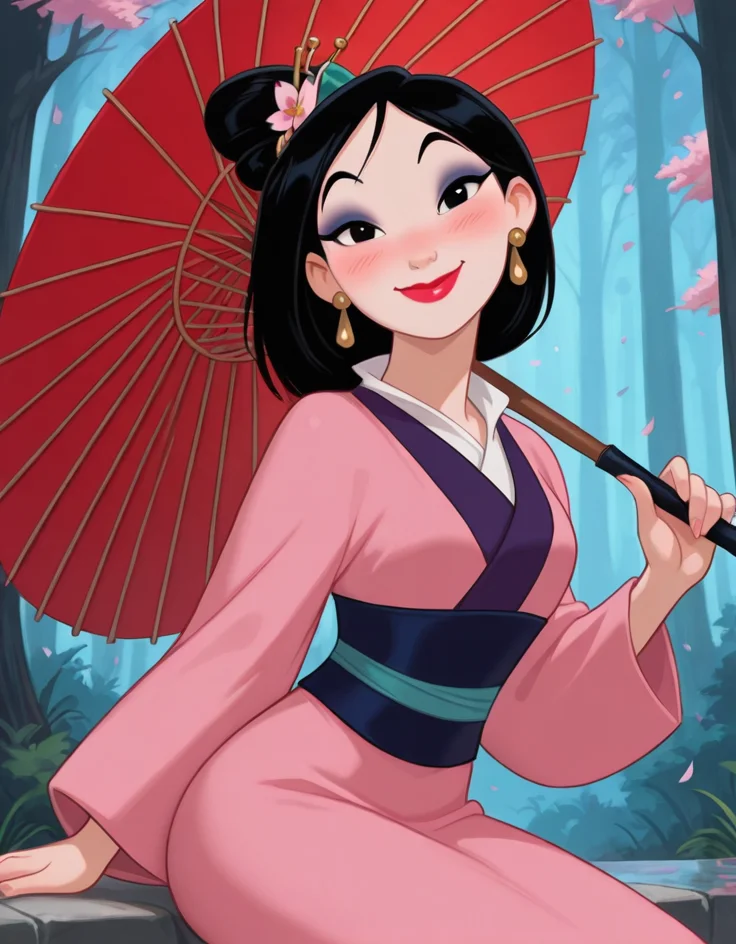 masterpiece, best quality, amazing quality, very aesthetic, absurdres,  newest, detailed background, cowboy shot, 4k, 8k, forest, cherry blossom,
mulanxd, 1girl, solo, umbrella, black hair, japanese clothes, oil-paper umbrella, kimono, jewelry, earrings, sitting, black eyes, makeup, lipstick, blush, hair ornament, smile, looking at viewer, 
 <lora:Mulan_-_Disney_Illustrious:1>