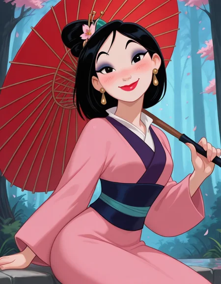 masterpiece, best quality, amazing quality, very aesthetic, absurdres, newest, detailed background, cowboy shot, 4k, 8k, forest, cherry blossom,
mulanxd, 1girl, solo, umbrella, black hair, japanese clothes, oil-paper umbrella, kimono, jewelry, earrings, sitting, black eyes, makeup, lipstick, blush, hair ornament, smile, looking at viewer,
<lora:Mulan_-_Disney_Illustrious:1>