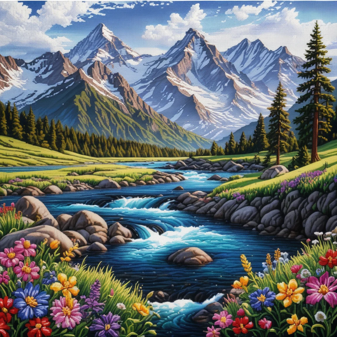 Intricate cross-stitch art, beautiful mountain landscape, photorealistic, detailed textures, vibrant colors, snow-capped peaks, lush green valleys, flowing river, colorful wildflowers, high contrast, serene and picturesque, fine stitches, natural lighting
