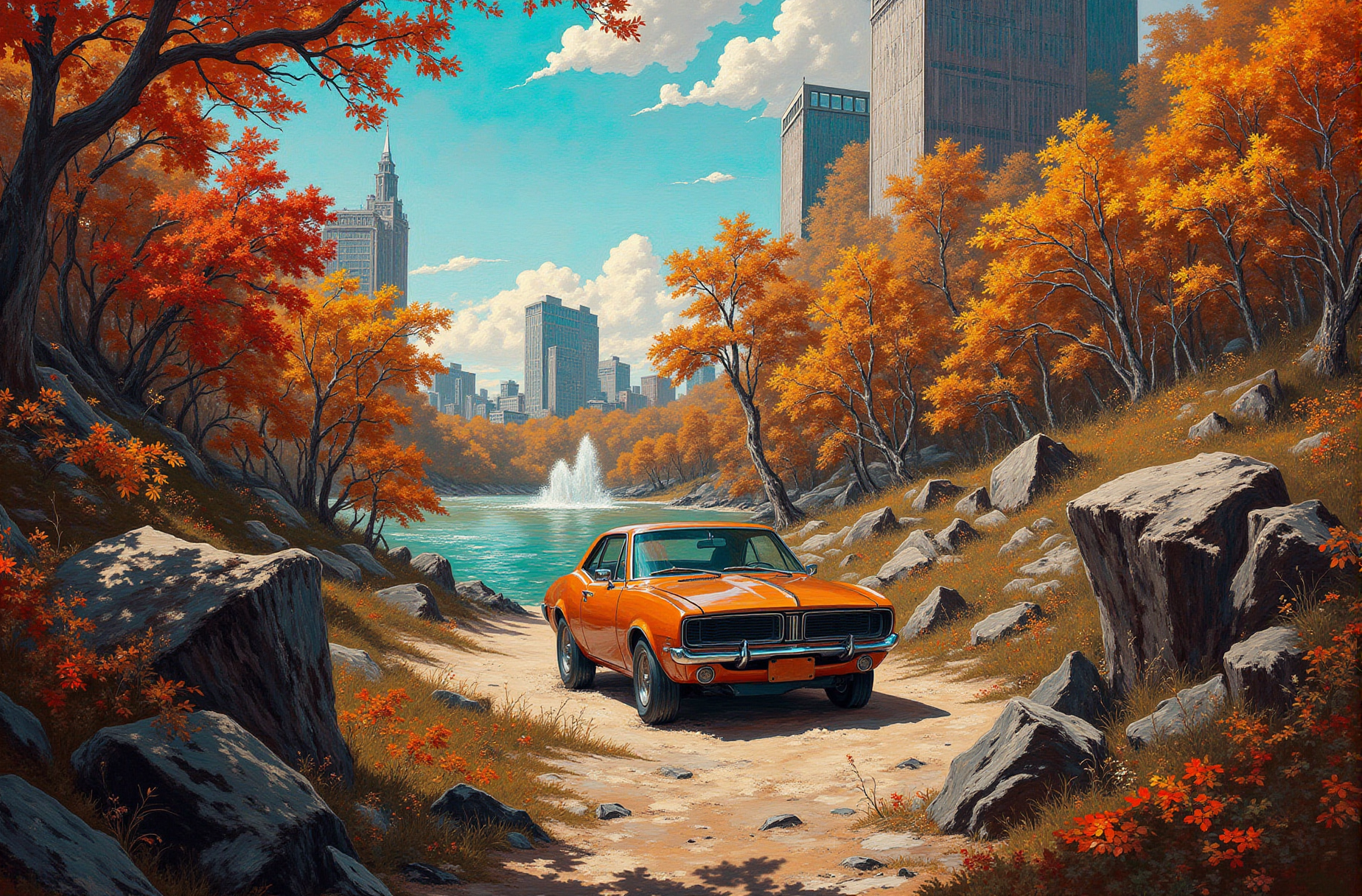 DB4RZ, DB4RZ style painting. Painting which depicts a car in the middle of abandoned city park. Autumn. <lora:FLUX-daubrez-DB4RZ-v2:0.8>