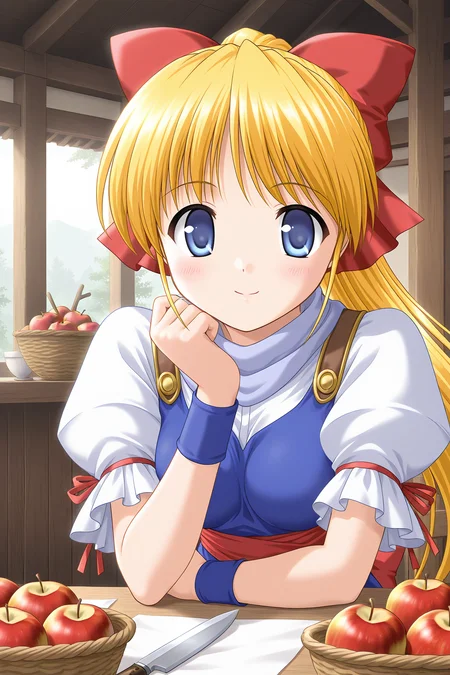 masterpiece, best quality, absurdres, official art, official style, rating general BREAK <lora:leticiaapple_IL_v1-1:0.7>, leticia apple, 1girl, solo, blue eyes, blonde hair, very long hair, high ponytail, small breasts, hair bow, large bow, red bow, casual, light purple scarf, blue tank top, white shirt, puffy short sleeves, red ribbon, arm ribbon, wristband, red sash, apple, knife, basket, indoors, bowl, table, upper body, portrait, close-up,
blush, closed mouth, light smile, looking at viewer, smile
