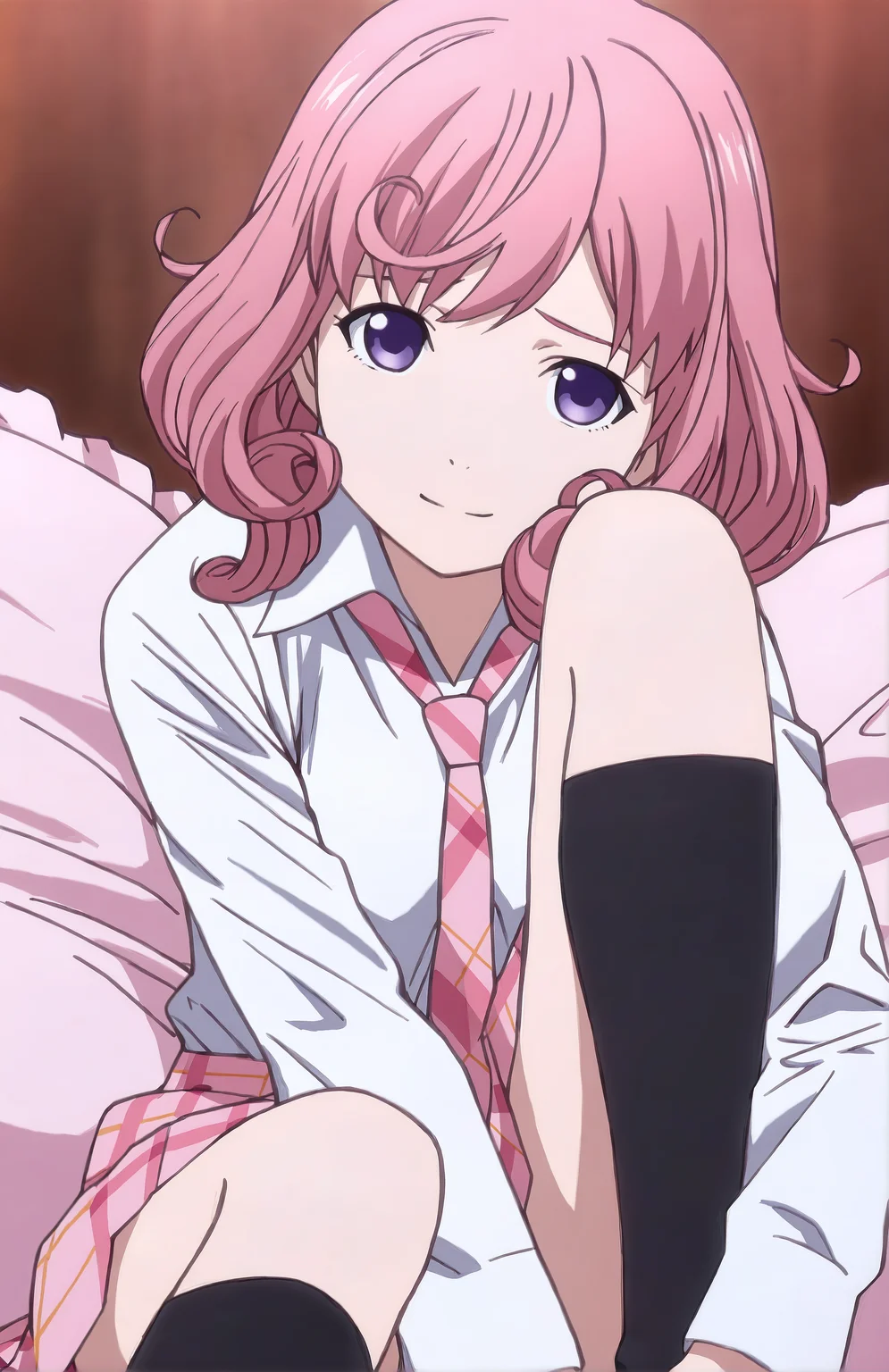 EbisuKofuku. 1girl, pink hair, purple eyes, school uniform, white shirt, long sleeves, pink necktie, pink skirt, front view, sad smile, face focus, looking at viewer, sitting on pillow, black socks, perfect hands