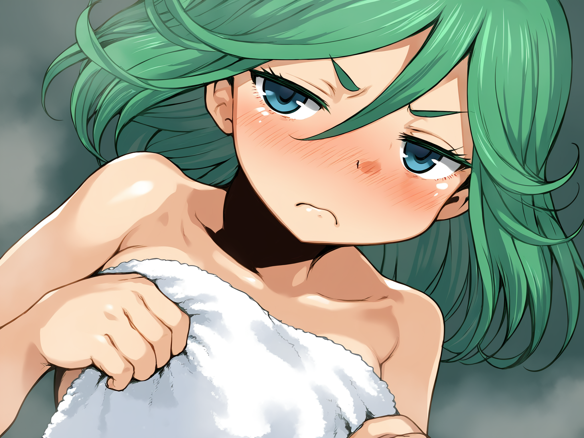 score_9, source_anime, tatsumaki, close up, blush, half-closed eyes, sleepy, angry, frown, saliva, head rest, nude, towel, <lora:Cool_Rance_XL:0.87>