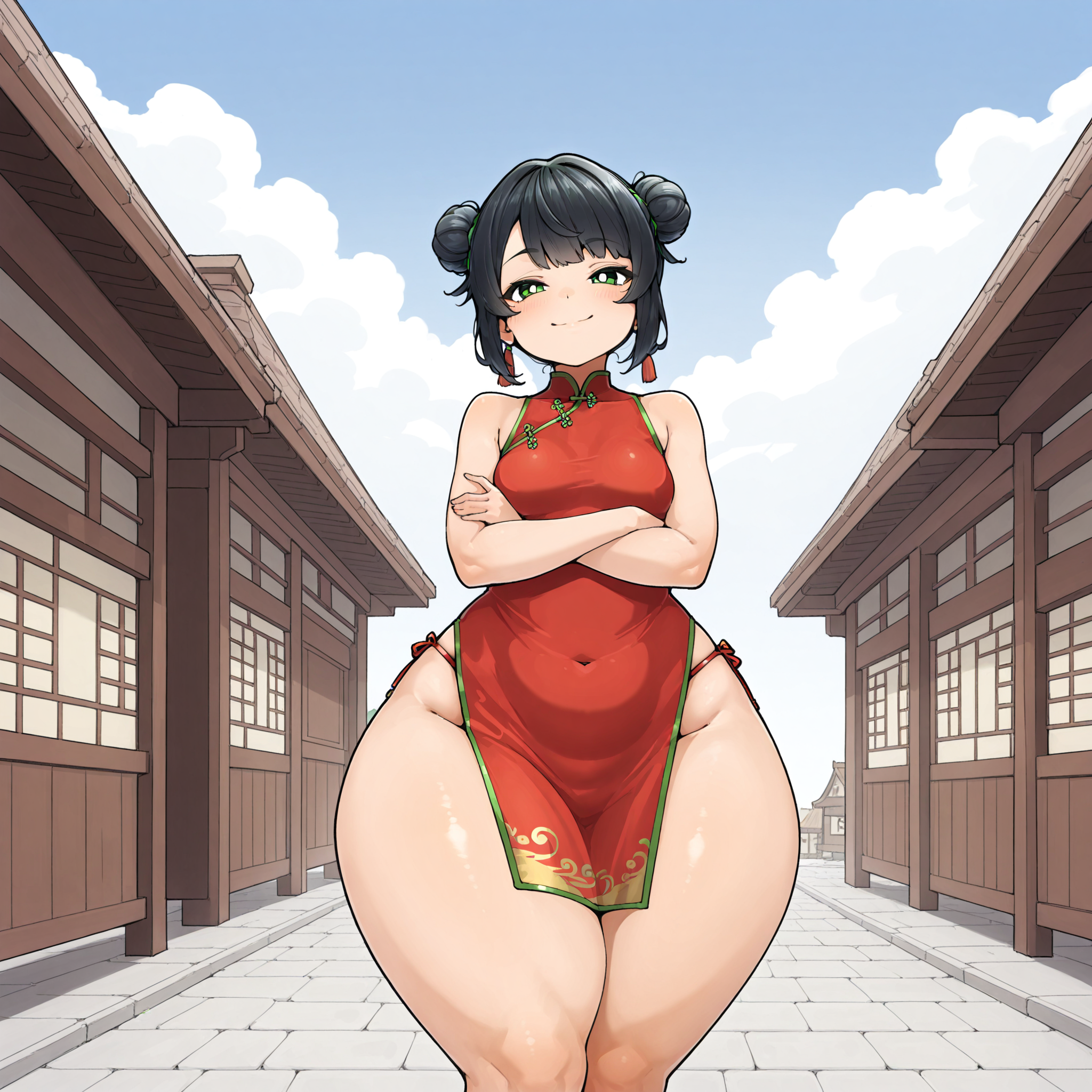 (masterpiece), best quality, (highly detailed), 1female, solo, <lora:490_style illustrious:0.8>, village, red chinese dress, black hair, hair buns, green eyes, wide hips, thick thighs, chubby, plump, smile, arms crossed, small breasts,