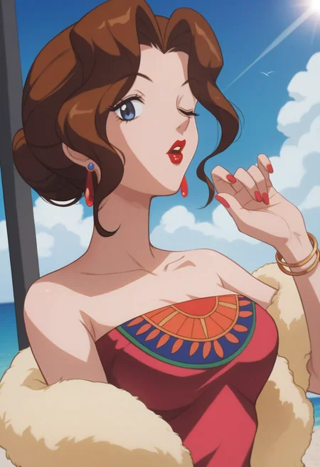 score_9, score_8_up, score_7_up, score_6_up, <lora:PMSAL:0.9>, PMSAL, brown hair, single hair bun, low hair bun, bangs, sidelocks, lipstick, blue eyes, breasts, nail polish,
earrings, strapless dress, red dress, bracelet, feather boa, red high heels,
looking at viewer, facing viewer, close-up, upper body, blowing kiss, one eye closed, 
BREAK indoors, blue sky, day, sunlight, on yacht, party,