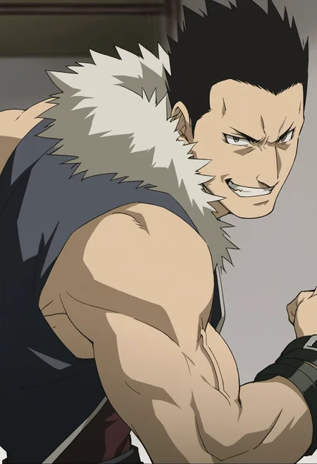1boy, Greed_fma, very short hair, veiny arms, tight dark red shirt, sleeveless, black vest, open vest, fur trim, score_8_up, score_7_up, score_6_up, score_9_up, manly, muscular, muscle, a muscular man in warehouse,  centered, looking at viewer, face_focus, detailed eyes, 8k uhd, high quality, anime color,grin,fight pose