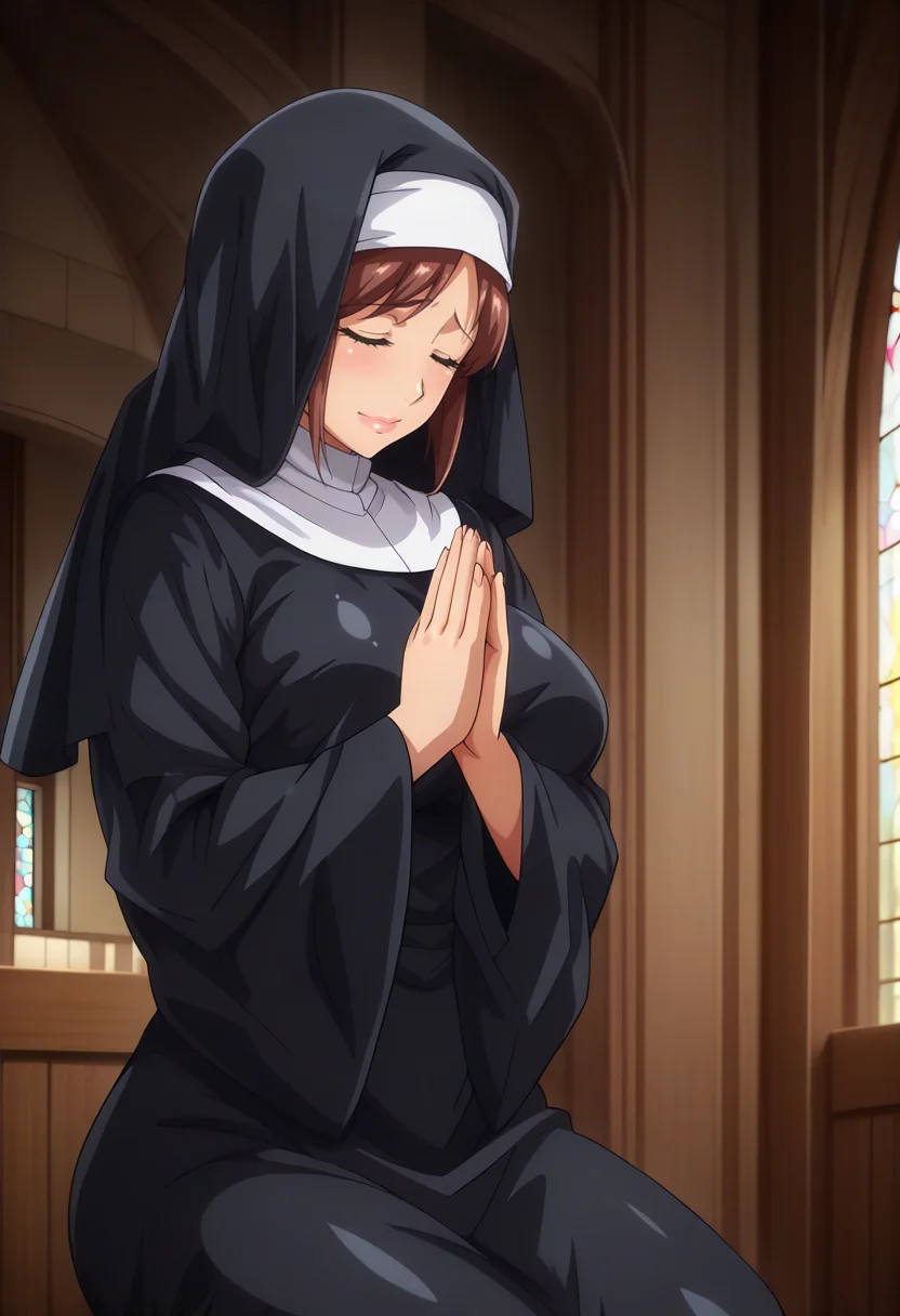 masterpiece, best quality, anime coloring, shiny skin, <lora:antechinusStyle_illusXL_Incrs_v2-000016:1>, 1girl, nun, traditional nun, kneeling, church, praying, closed eyes, mature female, indoors,