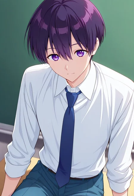 masterpiece, best quality, , ,, 1boy, solo, male focus, <lora:yuuki_izumi_ilxl:0.98>, yuuki_izumi, purple hair, purple eyes, short hair, bangs, hair between eyes, white shirt, collared shirt, blue necktie, school uniform, , Herringbone Satin SlateGray Jeans, PistachioGreen Mock neck pullover, , ,
