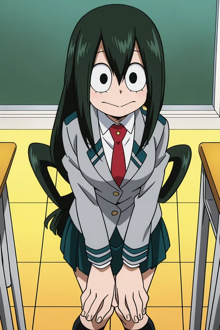 anime screencap, anime coloring, detailed face, masterpiece, best quality, very aesthetic, absurdres, volumetric lighting, 
in a classroom,
<lora:Tsuyu_AsuiFroppy_My_Hero_Academia:1>
Tsuyu Asui (character), asui tsuyu, 1girl, solo, black hair, hair between eyes, long hair, black eyes, low-tied long hair,
:>, frog girl, u.a. school uniform, school uniform, red necktie, black socks, pleated skirt, white shirt, looking at the viewer, smile, gray blazer