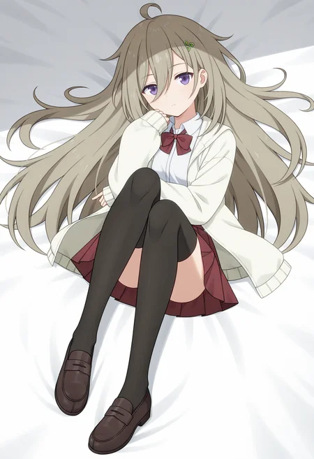 Tsutsuji HIGA,solo,thighhighs,skirt,full body,simple background,white background,hair ornament,looking at viewer,black thighhighs,red skirt,pleated skirt,long sleeves,closed mouth,sleeves past wrists,brown hair,
<lora:Tsutsuji HIGA_illustrious-000036:1>,long hair,expressionless,white shirt,school uniform,loafers,lying,bed,on bed,open clothes