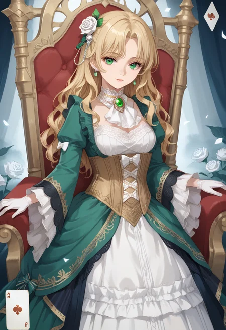 1girl,solo,
(score_9,score_8_up,score_7_up, source_anime,rating_all),anime,
BREAK
tarot \(card\),Throne,sword, front view,
<lora:lom-andrey-hall-pony6-xl-flyingdeer-e13p-r1:0.65>,
AndreyHall,
blonde hair,long hair,wavy hair,
hair ornament,(hair flower, white rose),
green eyes,
necklace,jewelry,
(bow, white bow),
(gloves, white gloves),
green gemstone,
white ascot,
brooch,frills,lace trim,
(dress, green dress, white dress),
corset,
(long sleeves, wide sleeves),
fantasy,