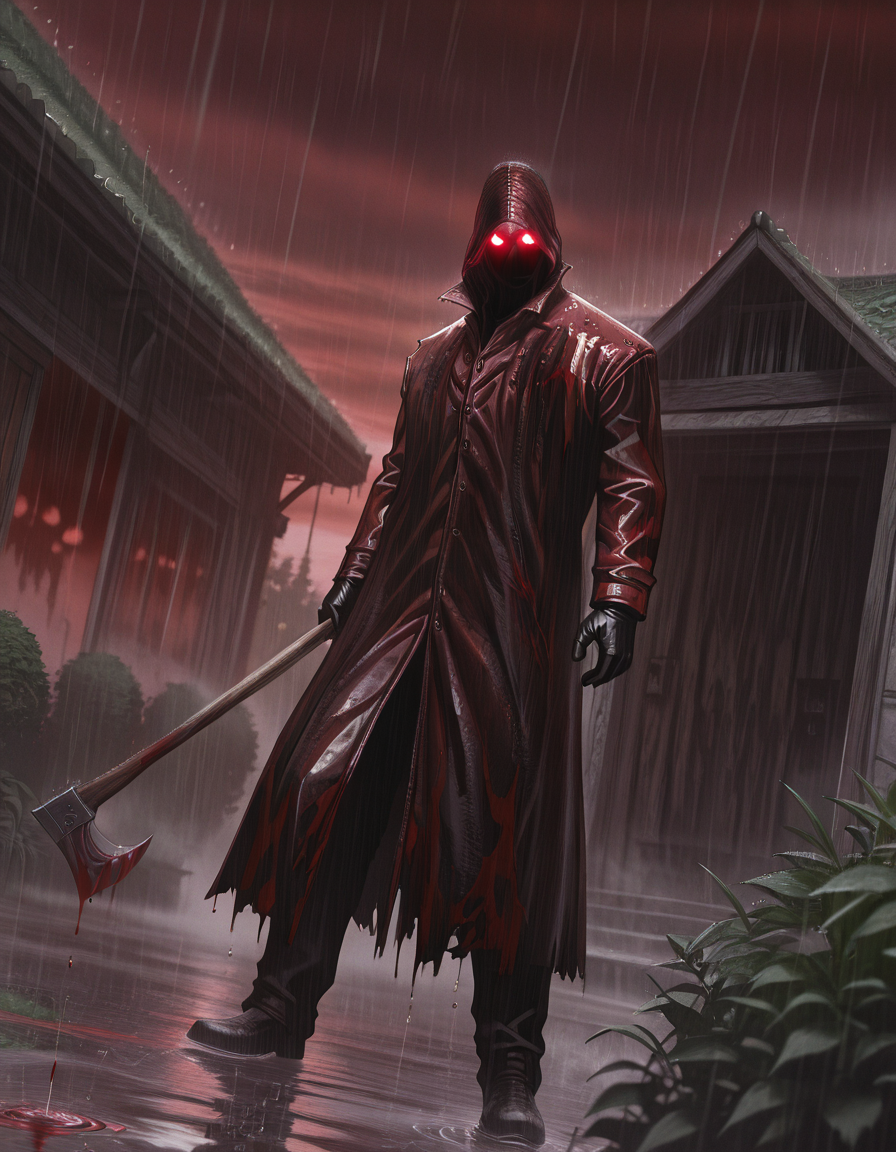 Masterpiece, realistic, hires, detailed face and eyes, ultra quality, Beautiful background, garden, sharp quality, 1boy, dp_killer, solo, {{very glowing eyes}}, holding,  holding huge wood axe, coat, rain, <lora:Deadly_Premonition_raincoat_killer:1> blood on coat,  gesture hand,  gesture no, glowing, disappointing , glove, Dutch angle, full body, corpses around, red sky, fog, action pose, combat pose,
