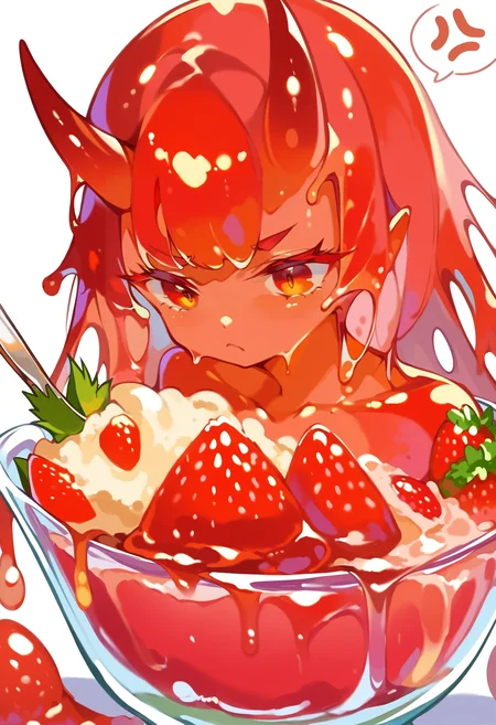 score_9, score_8_up, score_7_up, score_6_up, source anime,
slime girl, red skin, 1girl, in container, strawberry, parfait, strawberry parfait, spoon, red sclera, oni horns, frown, spoken anger vein, pout,
masterpiece, best quality, very aesthetic, absurdres
<lora:slime_girl_pony_v2:1>