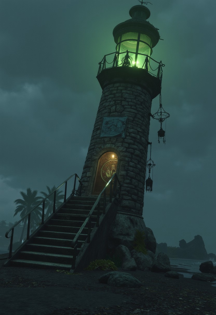 Rising from a black sand shore, a broken lighthouse tilts precariously. Its beacon glows a sickly green, casting restless shadows across rotting shipwrecks scattered along the coastline. Once inside, spiral stairs ascend past walls scrawled with cryptic messages, each step slick with algae. At the top, the beacon chamber hums with unnatural energy. Empty lanterns dangle from corroded chains, and a rusted mechanism ticks erratically next to a strange sea-chart that moves on its own.
   , aidmabaldursgate3