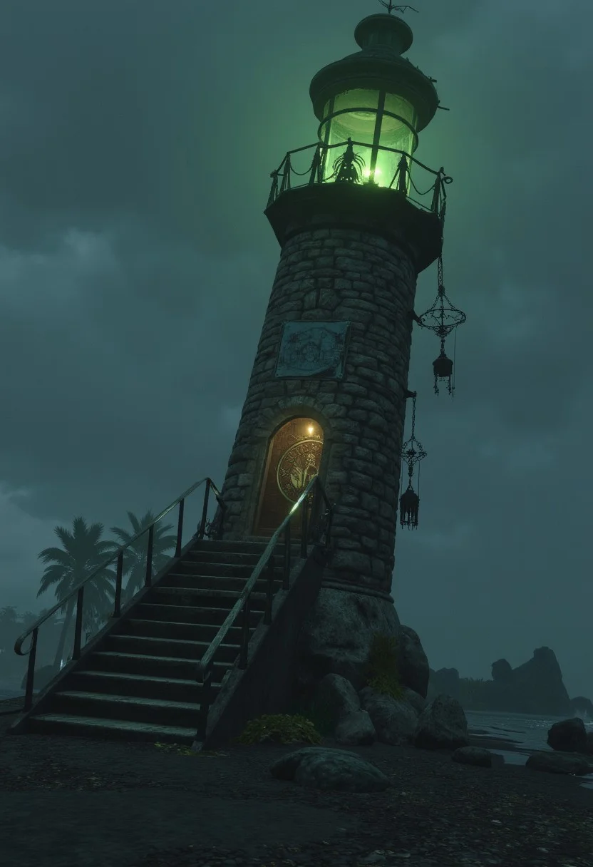 Rising from a black sand shore, a broken lighthouse tilts precariously. Its beacon glows a sickly green, casting restless shadows across rotting shipwrecks scattered along the coastline. Once inside, spiral stairs ascend past walls scrawled with cryptic messages, each step slick with algae. At the top, the beacon chamber hums with unnatural energy. Empty lanterns dangle from corroded chains, and a rusted mechanism ticks erratically next to a strange sea-chart that moves on its own.
, aidmabaldursgate3