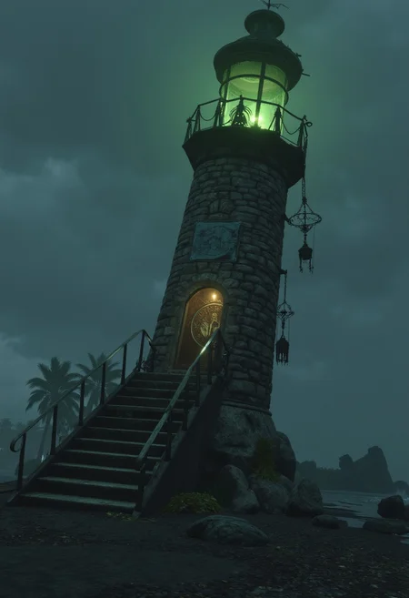 Rising from a black sand shore, a broken lighthouse tilts precariously. Its beacon glows a sickly green, casting restless shadows across rotting shipwrecks scattered along the coastline. Once inside, spiral stairs ascend past walls scrawled with cryptic messages, each step slick with algae. At the top, the beacon chamber hums with unnatural energy. Empty lanterns dangle from corroded chains, and a rusted mechanism ticks erratically next to a strange sea-chart that moves on its own.
   , aidmabaldursgate3