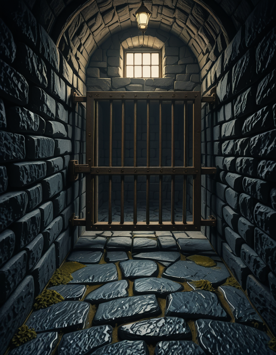 A highly detailed, hyper-realistic photograph of a dark medieval dungeon prison cell. The scene is dimly lit by a single flickering torch mounted on a damp stone wall, casting eerie shadows across the rough, moss-covered stones. Heavy, rusted iron bars form the cell door, slightly ajar, with visible corrosion and ancient padlocks. Inside the cell, there is a straw-covered floor, old wooden buckets, and a crude, splintered wooden bench against the back wall. Chains and manacles hang loosely from the walls, showing signs of long-term use. The atmosphere is cold, humid, and oppressive, with faint light rays piercing through tiny cracks in the stone ceiling. Cobwebs stretch across the corners of the cell, and faint water drips from above, creating small puddles. The overall mood is grim, desolate, and foreboding. Photorealistic style, with high dynamic range (HDR) lighting and extreme attention to textures like rust, moisture, and decay.
<lora:SDXLFaeTastic2400:0.4> <lora:extremely_detailed:0.4> extremely detailed,medieval dungeon pr1s0n c3ll <lora:medieval_dungeon_pr1s0n_c3ll-i:1>, Masterpiece,best quality,hi res,8k,hi res,8k,award winning,(sharp focus, intricate, highly detailed),