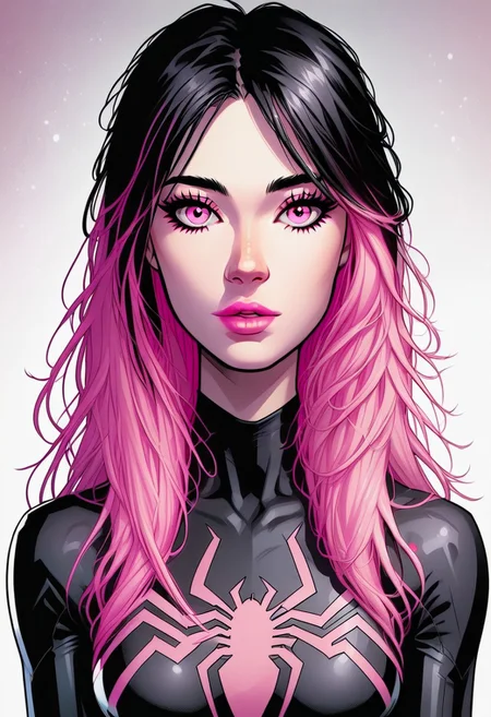 /Spider_Ayane/, pink lipstick, long black hair, pink hair highlights, medium breasts, portrait, black bodysuit with pink spider print, looking at viewer, puty lips, pink eyes