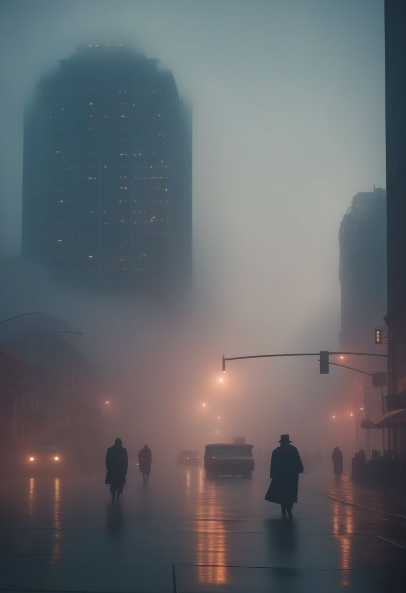 dystopian cityscape, during twilight, dramatic, moddy, misty environment, low contrast muted color tones, shot on 500 mm anamorphic lens, with an extreme shallow depth of field, creating a dreamy lens flare, atmospheric fog, cinematic masterpiece, neo noir aesthetic, movie still, bloom, 4k uhd, intricate details