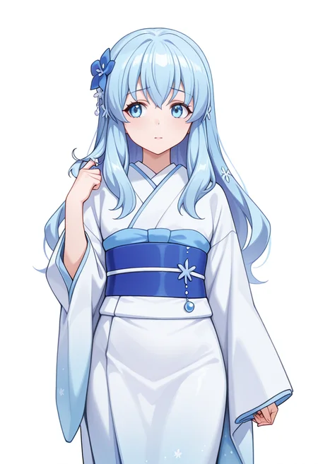 Smooth Quality,masterpiece,very intricate, high quality details, ultra realistic, high detailed skin,detailed enviorement,absurdres,
twirling hair,
 <lora:Yusa_CNR:0.8>
yusa_cnr,1girl, blue hair, long hair, bangs, blue eyes,hair flower, 
yusa_cnr_def, japanese clothes, white kimono, yukata, obi, sash, sleeves past wrists,, simple background, white background, front view,solo,, scared,